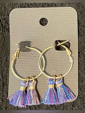 Silver Hoop Earrings with Blue, Purple, & Gold Tassels